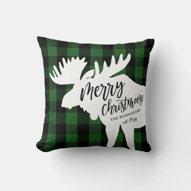 Green Plaid Merry Christmoose Personalized Throw Pillow (Front)