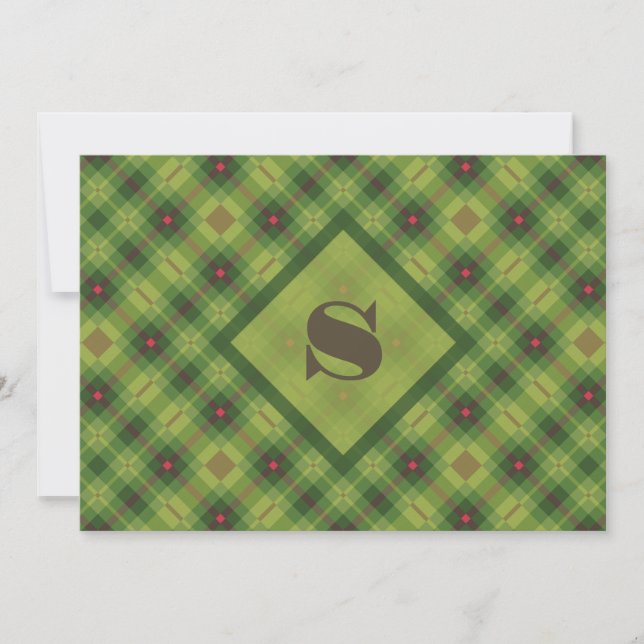 Green Plaid Modern Bold Typography Monogram Card (Front)