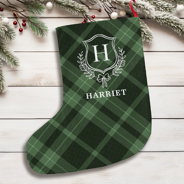 Green Plaid Monogram Initial Tartan Large Christmas Stocking (Creator Uploaded)