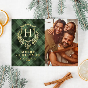 Green Plaid Monogram Photo Christmas Foil Holiday Card