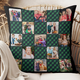 Green Plaid Patchwork Personalized Photo Collage  Throw Pillow
