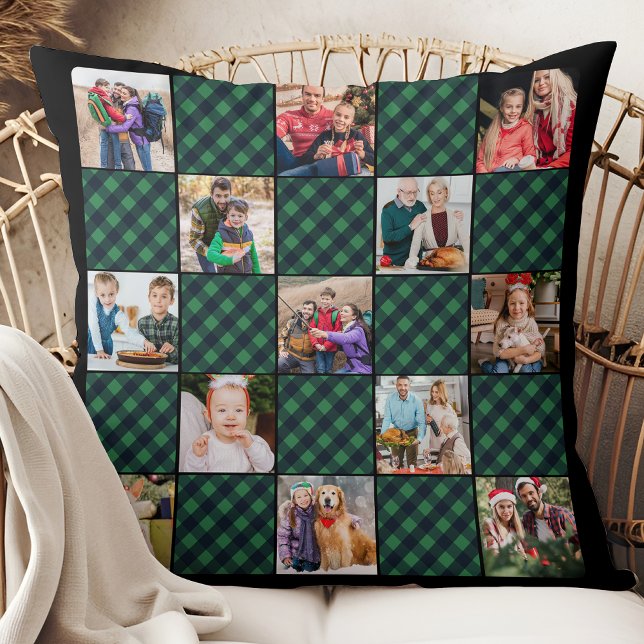 Green Plaid Patchwork Personalized Photo Collage  Throw Pillow (Creator Uploaded)
