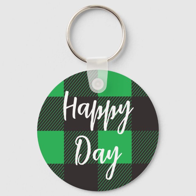 Green Plaid Pattern Happy Day Keychain (Front)