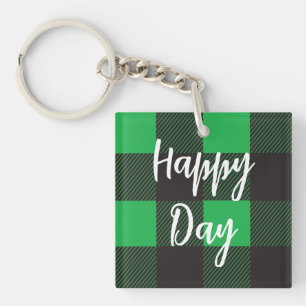 Green Plaid Pattern Happy Day Keychain