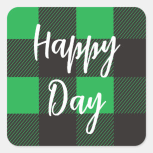 Green Plaid Pattern Happy Day Square Sticker