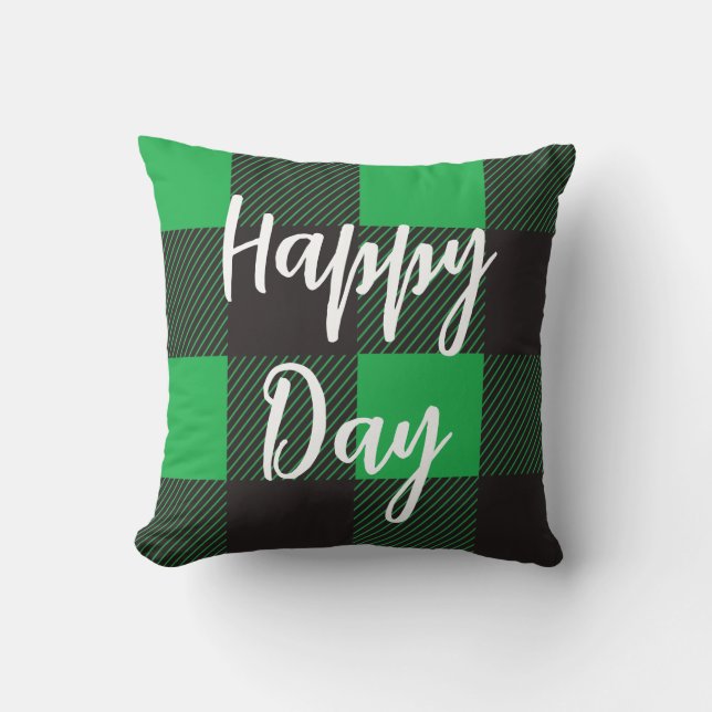 Green Plaid Pattern Happy Day Throw Pillow (Front)