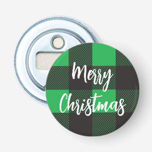 Green Plaid Pattern Merry Christmas Bottle Opener