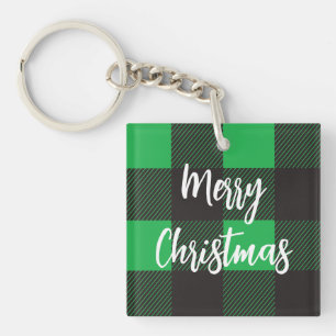 Green Plaid Pattern Merry Christmas Keychain