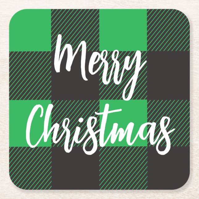 Green Plaid Pattern Merry Christmas Square Paper Coaster (Front)