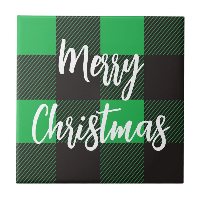 Green Plaid Pattern Merry Christmas Tile (Front)