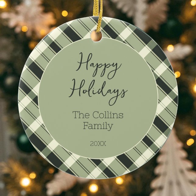 Green Plaid Pattern Modern Script Happy Holidays Ceramic Ornament (Green Plaid Pattern Modern Script Happy Holidays Ceramic Ornament)