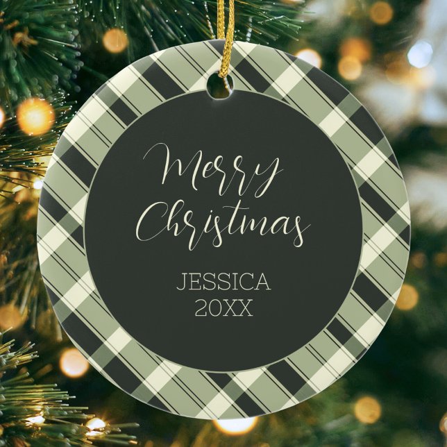 Green Plaid Pattern Modern Script Merry Christmas Ceramic Ornament (Green Plaid Pattern Modern Script Merry Christmas Ceramic Ornament)