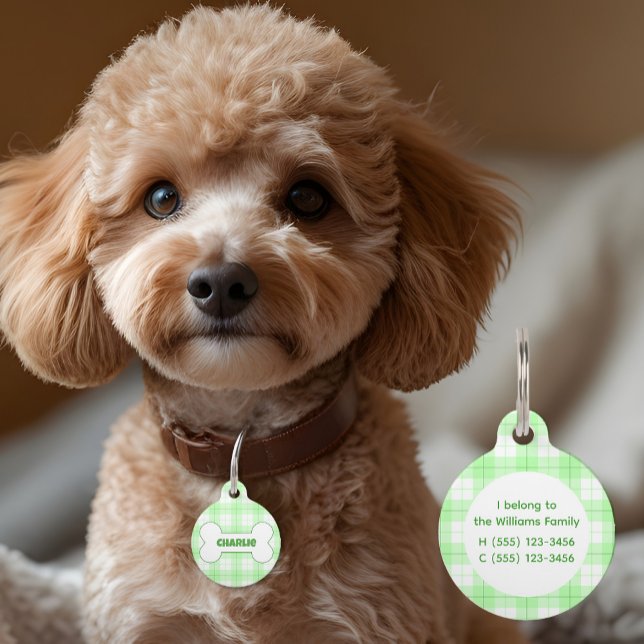 Green Plaid Pattern Name Bone  Pet Tag (Creator Uploaded)