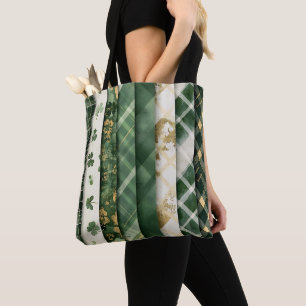 GREEN PLAID PATTERN WITH GREEN & WHITE SHAMROCKS TOTE BAG