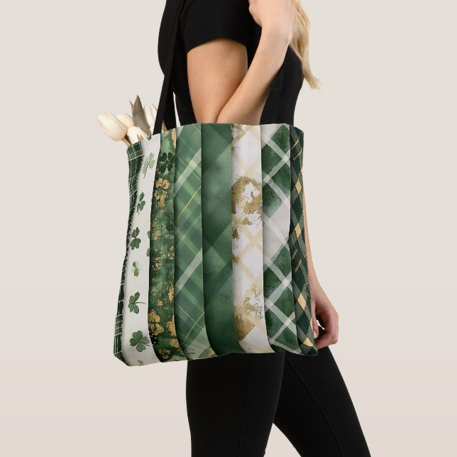 GREEN PLAID PATTERN WITH GREEN & WHITE SHAMROCKS TOTE BAG (Close Up)