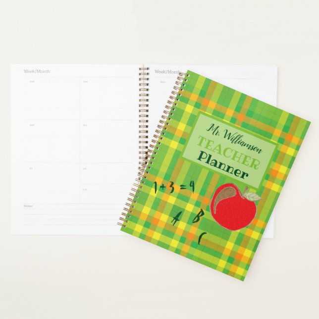Green plaid personalized teacher planner (Display)