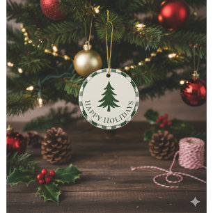 Green Plaid Pine Tree Christmas Ceramic Ornament