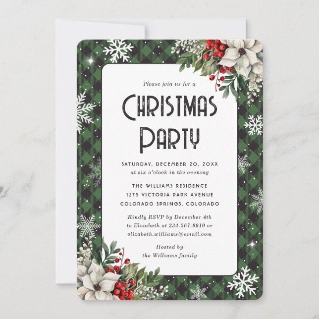 Green Plaid Poinsettia Red Berries Christmas Party Invitation (Front)