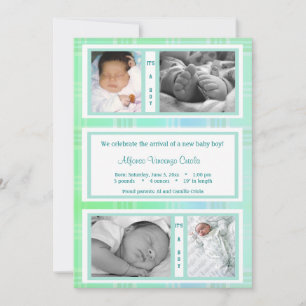 Green Plaid Quad Photo Birth Announcement