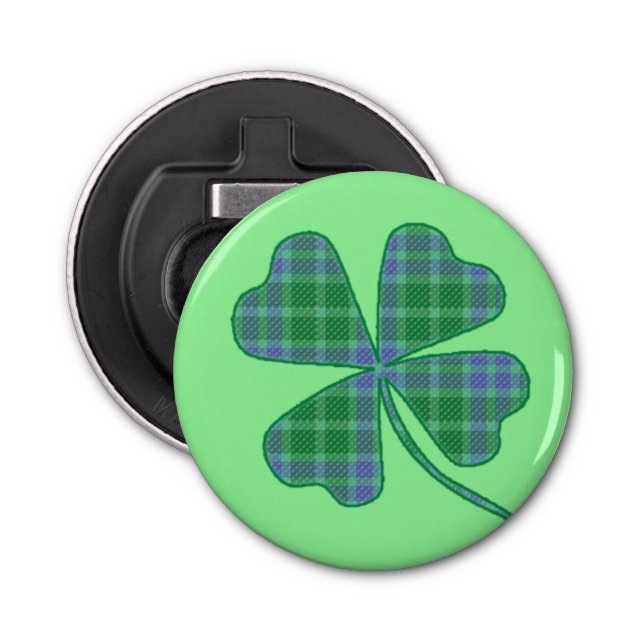Green Plaid Shamrock Four-Leaf Clover Bottle Opener (Front)