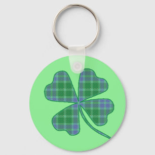 Green Plaid Shamrock Four-Leaf Clover Keychain