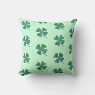 Green Plaid Shamrock Four-Leaf Clover Pattern Throw Pillow