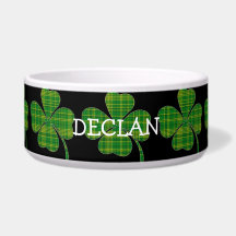 Green plaid shamrock personalized black dog bowl