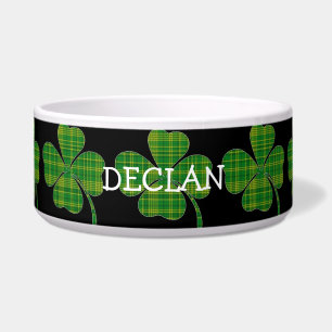 Green plaid shamrock personalized black dog bowl