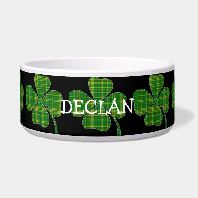Green plaid shamrock personalized black dog bowl (Front)