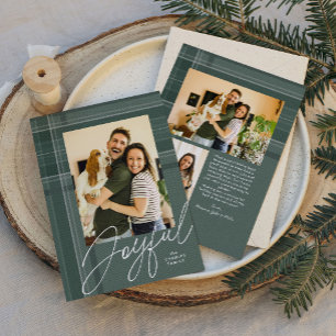 Green plaid simple joyful Christmas photo Holiday Card
