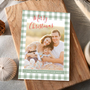 Green plaid simple photo Merry Christmas Holiday Card
