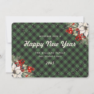 Green Plaid Snow Botanical New Year Card