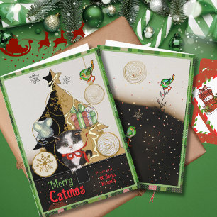 Green Plaid Split-Tree Catmas Card   Cute Kitten 