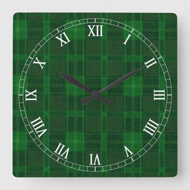Green Plaid Square Roman Numerals Clock (Front)