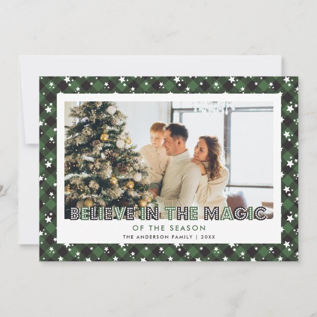 Green Plaid Stars Believe Photo Christmas Card (Front)