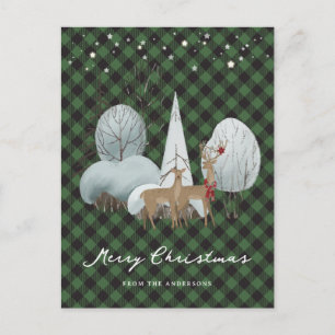 Green Plaid Stars Reindeer Merry Christmas Holiday Postcard