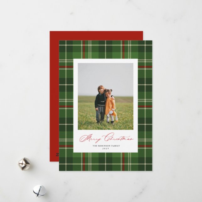 Green Plaid Tartan Classic Christmas Photo Card (Front/Back In Situ)