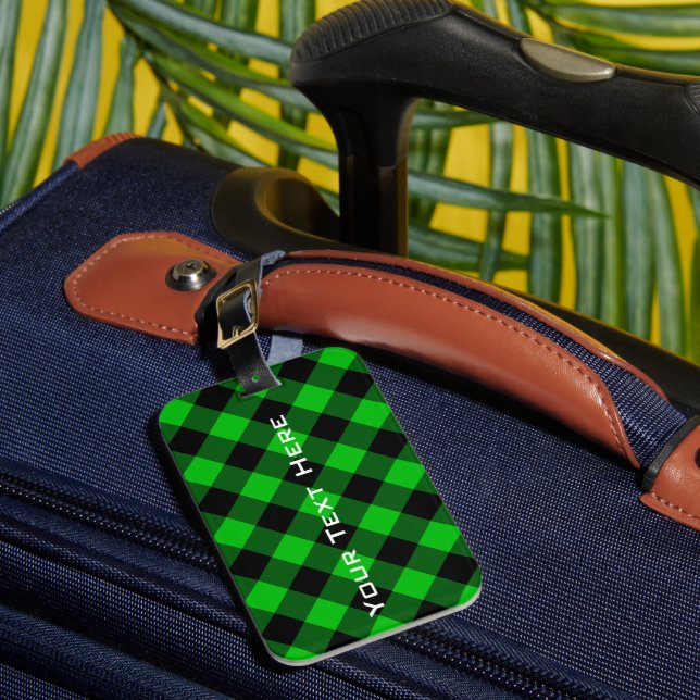 Green Plaid Tartan Luggage Tag Custom Text (Front Insitu 1)
