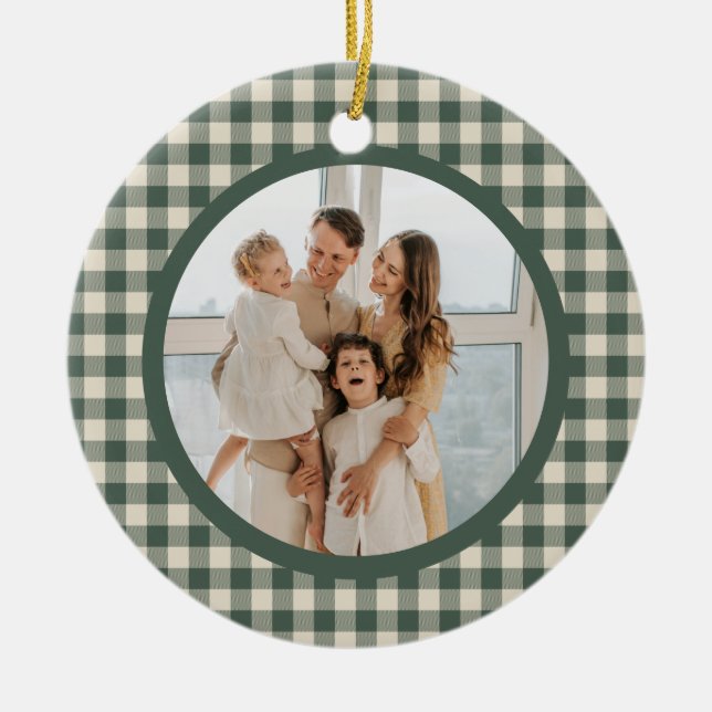 Green Plaid Tartan Pattern Annual Christmas Photo Ceramic Ornament (Front)
