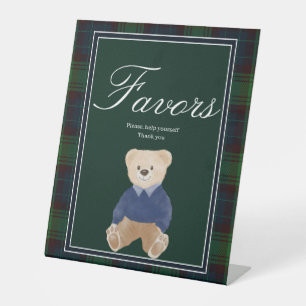 Green plaid teddy bear baby shower favour table pedestal sign