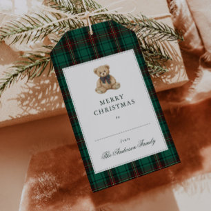 Green Plaid Teddy Bear Christmas Party Gift Tags