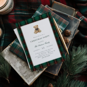 Green Plaid Teddy Bear Christmas Party Invitation