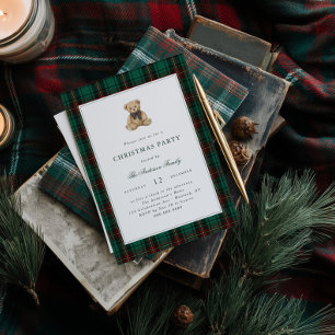Green Plaid Teddy Bear Christmas Party Invitation