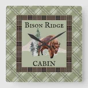 Green Plaid Watercolor Bison Buffalo Rustic Cabin Square Wall Clock
