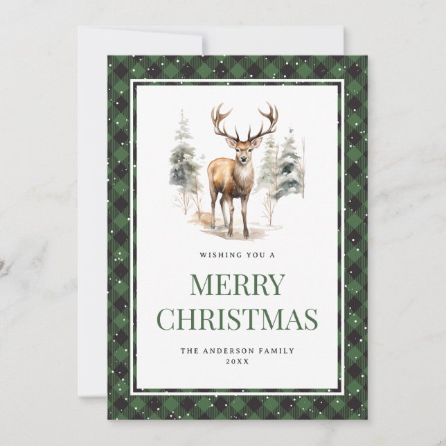Green Plaid Watercolor Deer Snow Merry Christmas Holiday Card (Front)