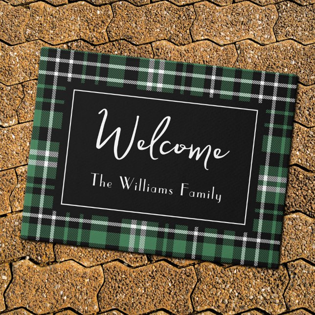 Green Plaid Welcome Monogrammed Family Name Doorm Doormat (Creator Uploaded)