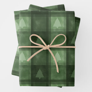 Green Plaid With Fir Tree Motifs Christmas Pattern Wrapping Paper Sheet