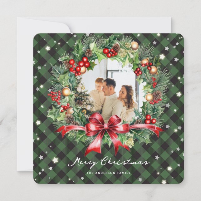 Green Plaid Wreath Photo Merry Christmas Card (Front)