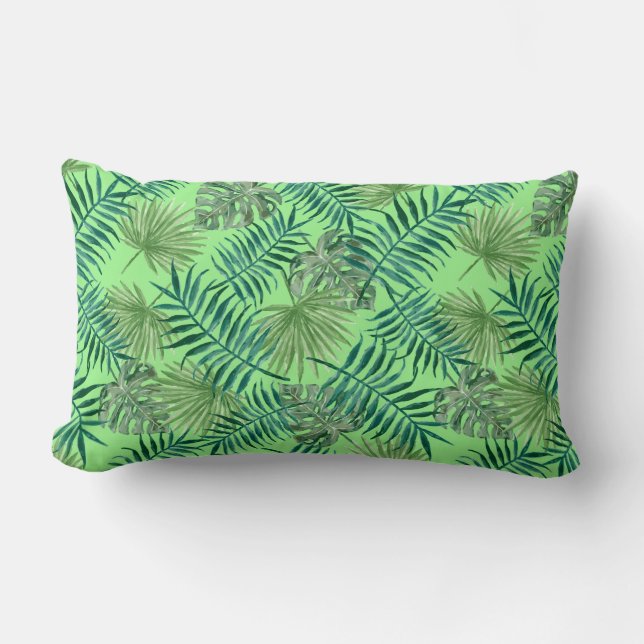 Green Plant Leaf Pattern Tropical Lumbar Pillow (Front)