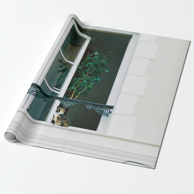 GREEN PLANT ON WHITE WINDOW WRAPPING PAPER (Unrolled)